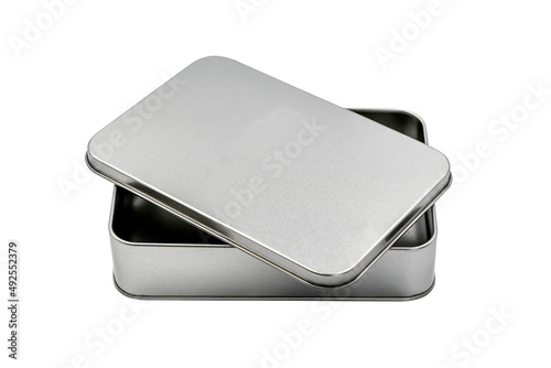 Empty silver metal box mock up clipping path, multipurpose box for storing appliance isolated on white background.