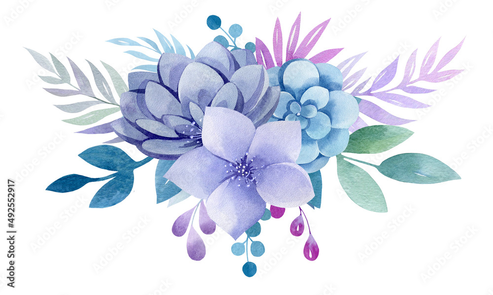 Watercolor floral frames, bouquets, compositions. Bright flowers and plants are blue, purple, green, pink, blue. For the design of holiday cards, birthday, wedding, valentine's day.