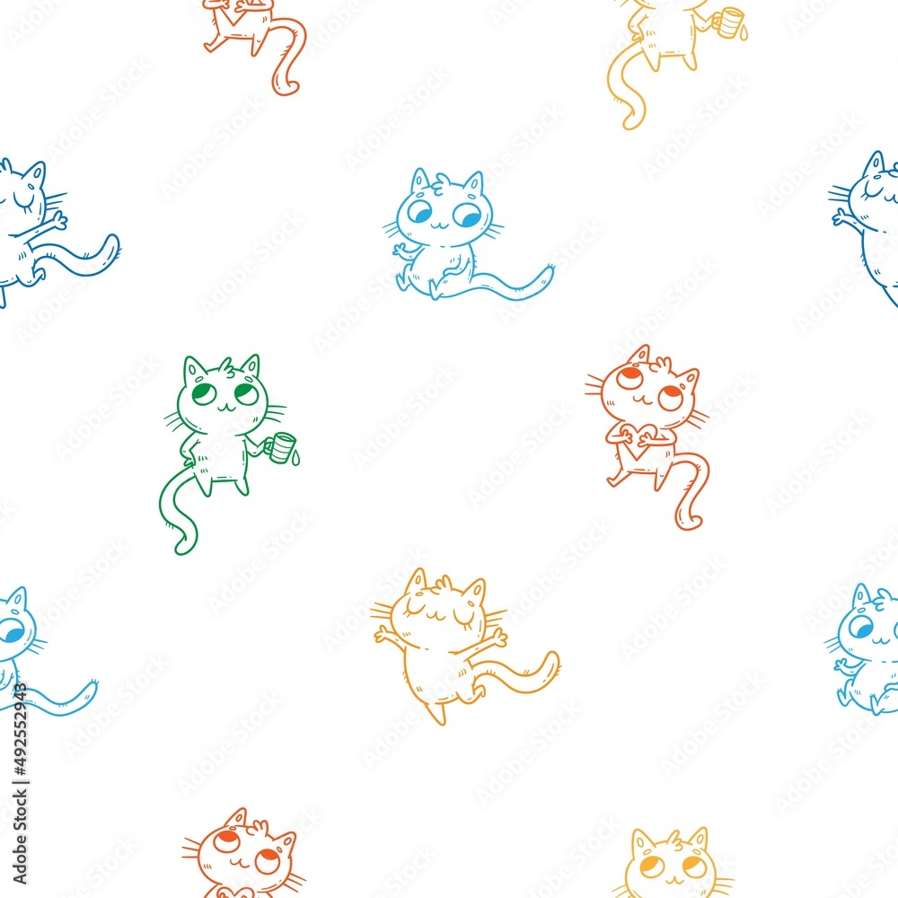Obraz premium Seamless pattern with cute cats on white background. Funny animals wallpaper. Vector doodle kittens print.