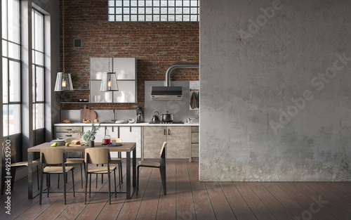 Fotografie Industrial grunge interior with old brick walls