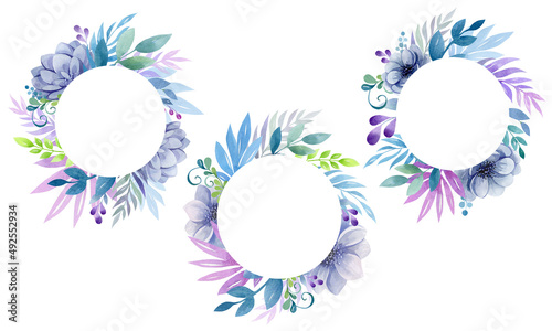 Watercolor floral frames, bouquets, compositions. Bright flowers and plants are blue, purple, green, pink, blue. For the design of holiday cards, birthday, wedding, valentine's day.