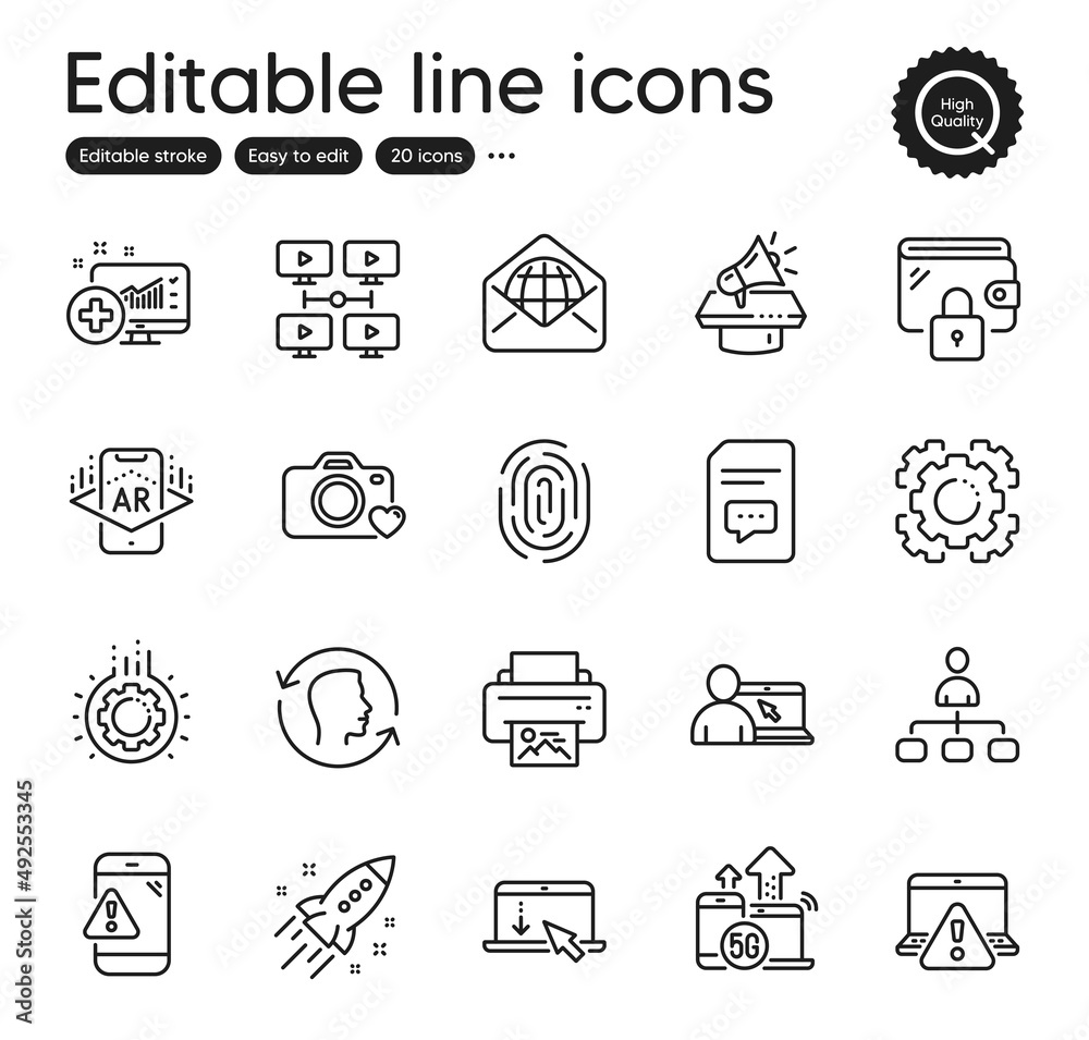 Set of Technology outline icons. Contains icons as Fingerprint, Face id and Online warning elements. Print image, Augmented reality, Online education web signs. 5g internet, Web mail. Vector Set of Technology outline icons. Contains icons as Fingerprint, Face id and Online warning elements. Print image, Augmented reality, Online education web signs. 5g internet, Web mail. Vector