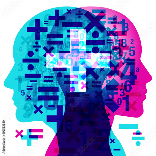 A centrally positioned translucent white "plus sign” symbol placed over a male and female outlined silhouette. Transparent numerals and math symbols are placed randomly between the two figures.