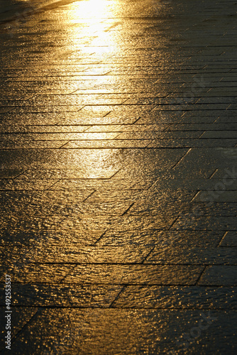 the reflection of the morning light on the pavement of a sidewalk. detail.