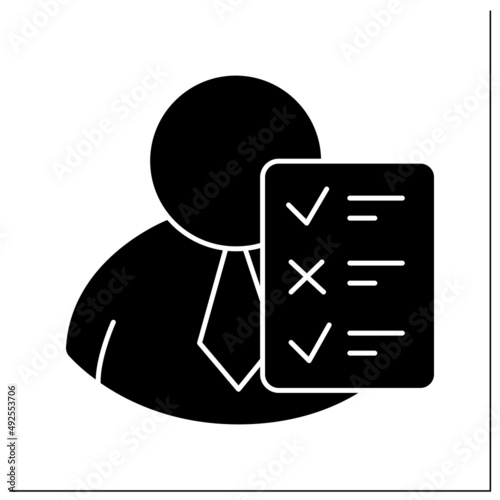 Candidates assessment glyph icon. Screening candidates against requirements, psychometric assessments. Headhunting agency concept.Filled flat sign. Isolated silhouette vector illustration