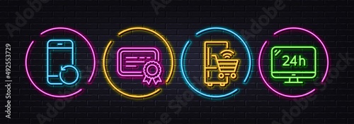 Recovery phone, Certificate and Refrigerator minimal line icons. Neon laser 3d lights. 24h service icons. For web, application, printing. Backup smartphone, Verified document, Fridge shopping. Vector