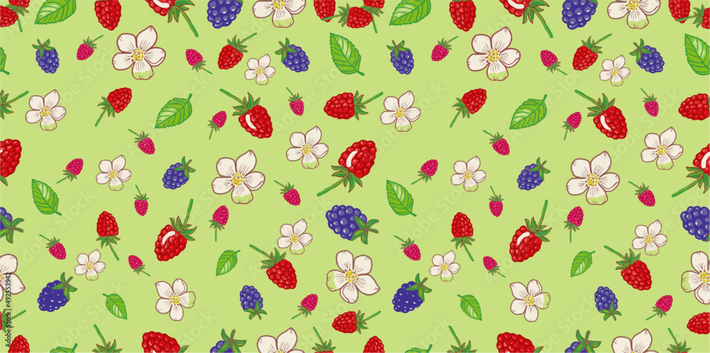 Seamless berry background texture with raspberries, blackberries, leaves and flowers, hand drawn, vector, pattern