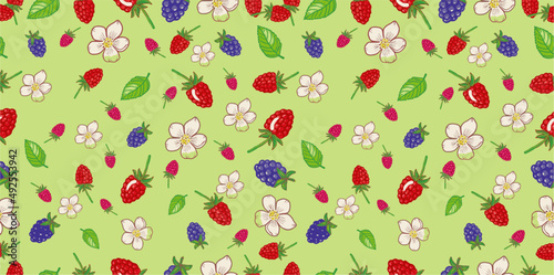 Seamless berry background texture with raspberries, blackberries, leaves and flowers, hand drawn, vector, pattern