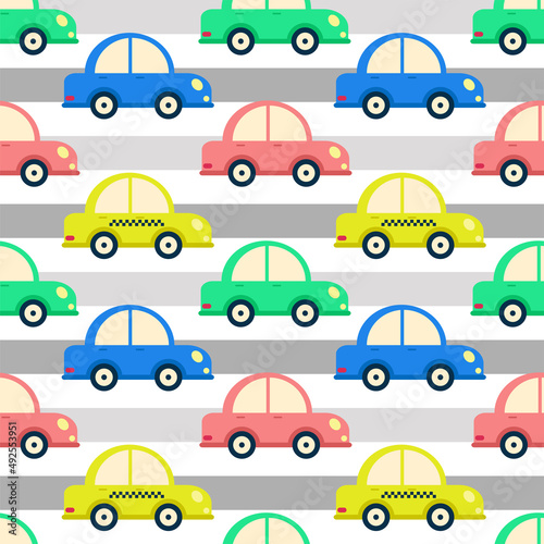Fototapeta Naklejka Na Ścianę i Meble -  Baby cars on road seamless pattern. Colorful background with auto. Wallpaper template baby room or textiles. Highway with motor vehicles background for boy vector illustration