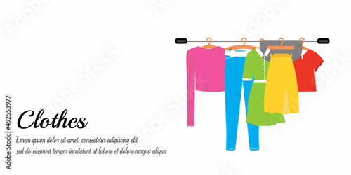 Men and women casual clothes on a hanger in store. New fashion collection. Clothes and accessories Fashion icon set. Seasonal sale concept. Vector illustration of a flat plane style.