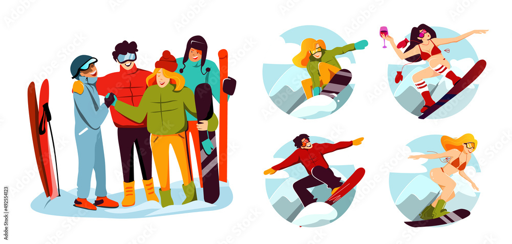 A company of cheerful skiers and snowboarders, laughter is a joyful active rest. Vector colorfull illustration.
