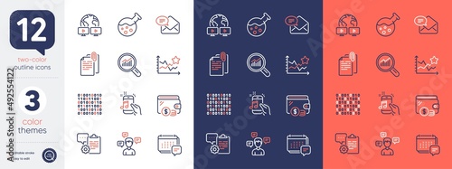 Set of Data analysis, Message and New mail line icons. Include Clipboard, Document attachment, Music phone icons. Video conference, Conversation messages, Chemistry lab web elements. Vector