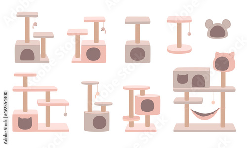 Cat tree with cat house, luxury animal rooms nud color. Cat tower, scratching post and hammock. Furniture set for kittens. Flat vector illustrations isolated on white background.