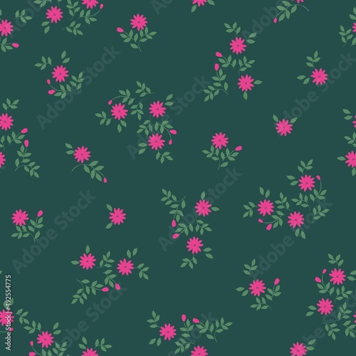 Seamless vintage pattern. Small pink fuchsia flowers, green leaves. Dark green background. vector texture. fashionable print for textiles, wallpaper and packaging.
