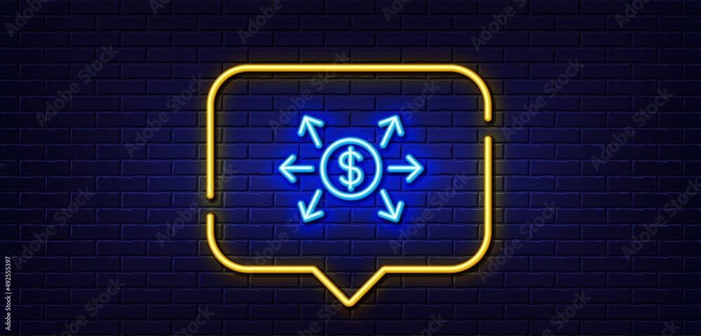 Neon light speech bubble. Dollar exchange line icon. Payment sign. Finance symbol. Neon light background. Dollar exchange glow line. Brick wall banner. Vector Neon light speech bubble. Dollar exchange line icon. Payment sign. Finance symbol. Neon light background. Dollar exchange glow line. Brick wall banner. Vector
