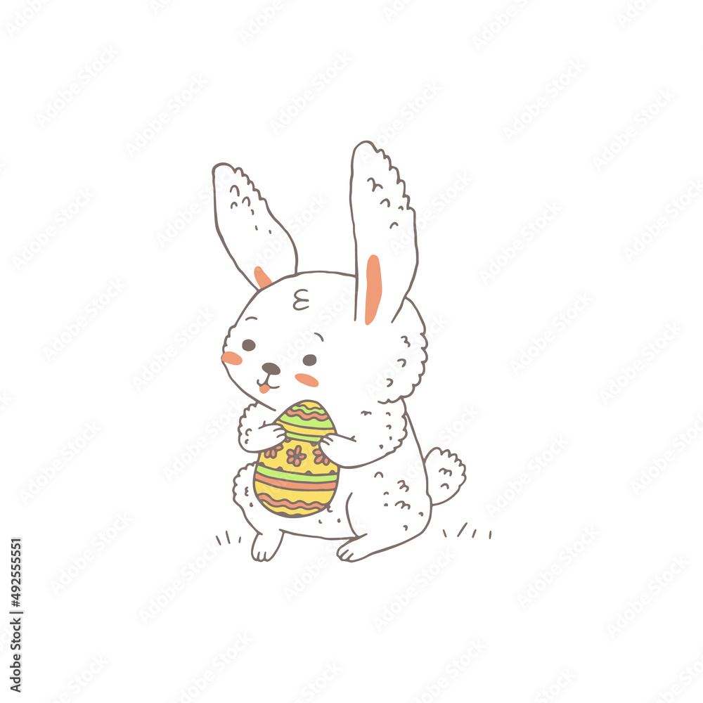 Easter bunny or rabbit with egg in paws, hand drawn vector illustration isolated. Easter bunny or rabbit with egg in paws, hand drawn vector illustration isolated.