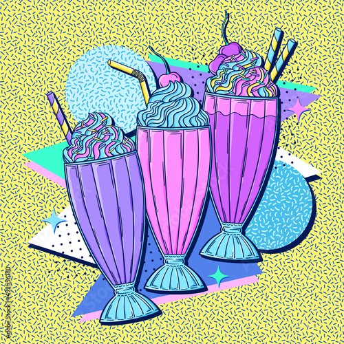 90s style milkshake poster. Retro sweet ice cream dessert pop art vector. 90s style vector. 1990s trendy illustration. Nostalgia for the 90s.