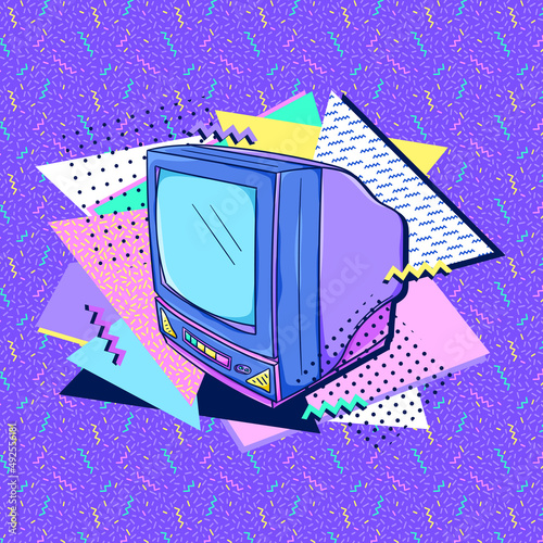 TV 90s style poster. Retro television. Retro color TV set. Movie night. Retro technology. 1990s trendy illustration. Nostalgia for the 90s.