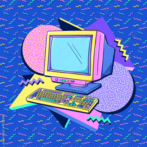 Computer 90s poster. Retro home computer. Personal computer with keyboard. 1990s trendy illustration. Nostalgia for the 90s.