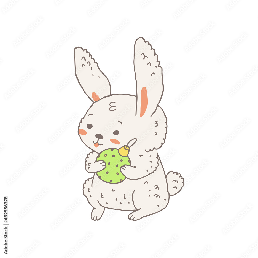 Christmas cute white bunny with Xmas ball doodle vector illustration isolated. Christmas cute white bunny with Xmas ball doodle vector illustration isolated.