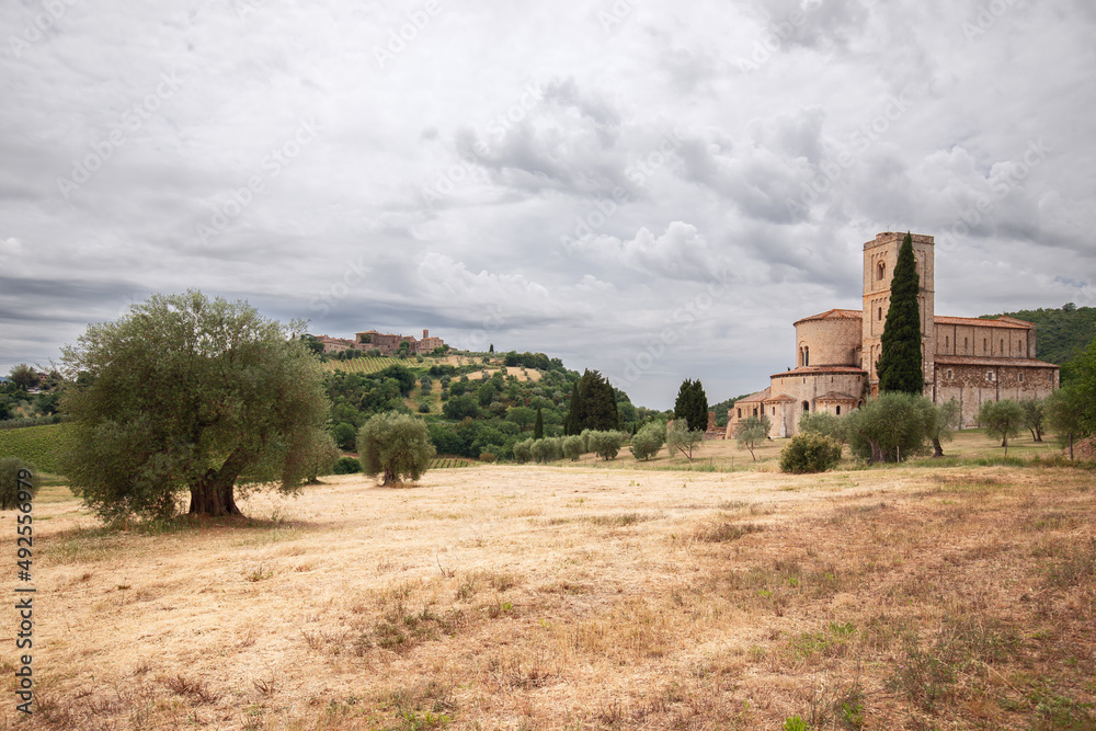 Obraz premium Abbey Sant Antimo (Abbazia di Sant'Antimo), in a lowland among olive trees and cypresses and on a hilltop a town Castelnuovo dell'Abate. Tuscany, Italy