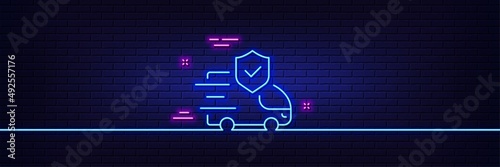 Neon light glow effect. Transport insurance line icon. Car risk coverage sign. Delivery protection symbol. 3d line neon glow icon. Brick wall banner. Transport insurance outline. Vector