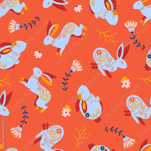 Folk Rabbits and Flowers Spring Vector Seamless Pattern