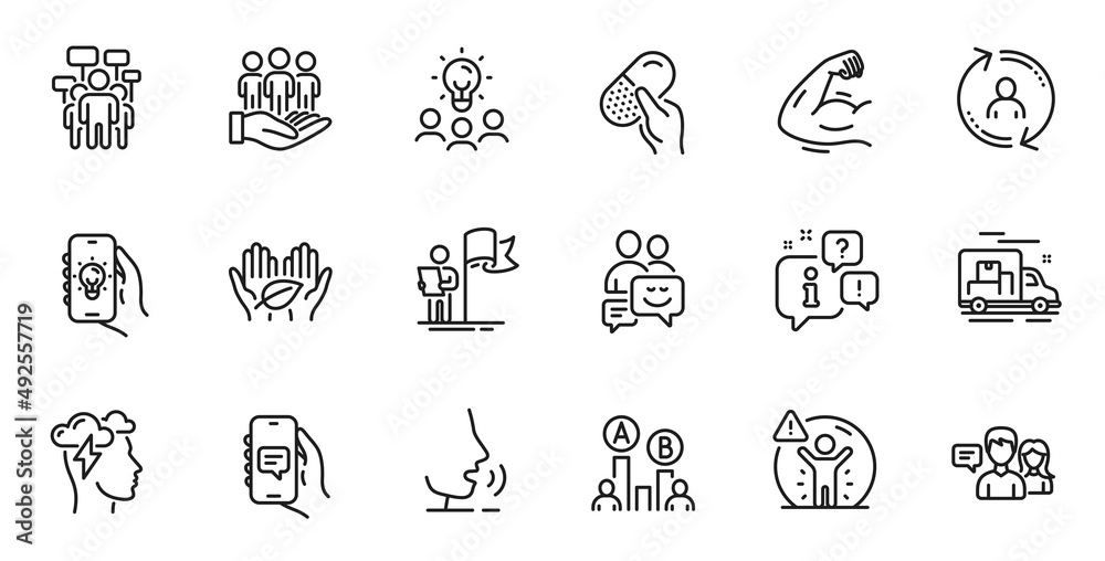 Outline set of People talking, Electric app and Fair trade line icons for web application. Talk, information, delivery truck outline icon. Include Chat app, Mindfulness stress, User info icons. Vector