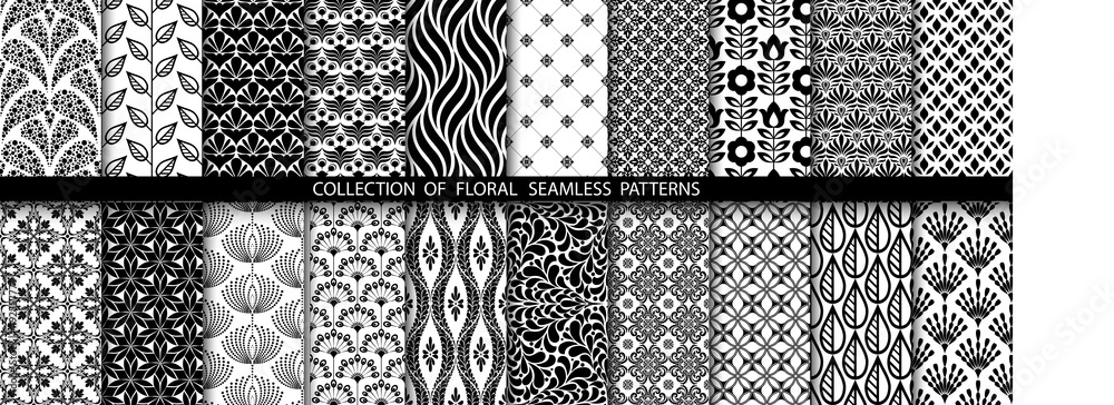 Geometric floral set of seamless patterns. White and black vector backgrounds. Simple illustrations.