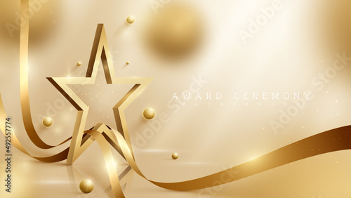 3d gold star background with ribbon element and ball with glitter light effect and bokeh decoration. Luxury award ceremony concept. photo