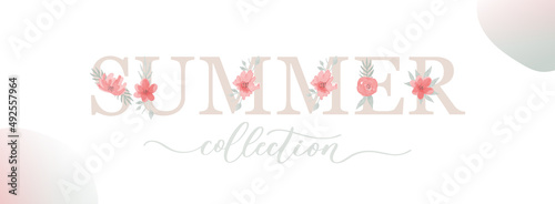Summer collection. Inscription with letter  watercolor flower and leaf.