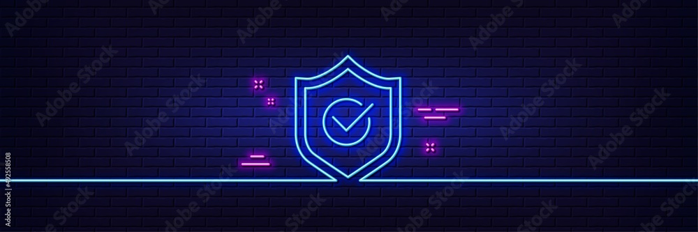Neon light glow effect. Approved shield line icon. Accepted or confirmed sign. Protection symbol. 3d line neon glow icon. Brick wall banner. Approved shield outline. Vector Neon light glow effect. Approved shield line icon. Accepted or confirmed sign. Protection symbol. 3d line neon glow icon. Brick wall banner. Approved shield outline. Vector