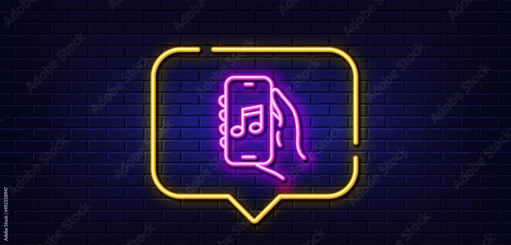Neon light speech bubble. Music app line icon. Hand hold phone sign. Cellphone with screen notification symbol. Neon light background. Music app glow line. Brick wall banner. Vector Neon light speech bubble. Music app line icon. Hand hold phone sign. Cellphone with screen notification symbol. Neon light background. Music app glow line. Brick wall banner. Vector