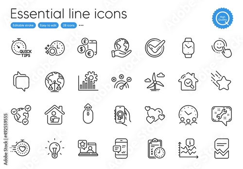 Online voting, Seo graph and Falling star line icons. Collection of Smartwatch, Magistrates court, Messenger icons. Swipe up, Spanner, Save planet web elements. Work home, Chart. Vector