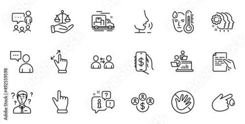 Outline set of Teamwork, Do not touch and Justice scales line icons for web application. Talk, information, delivery truck outline icon. Vector