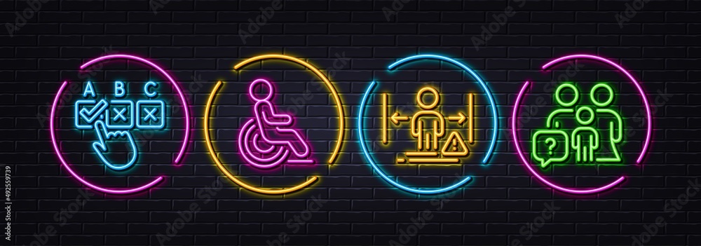 Correct checkbox, Disability and Social distance minimal line icons. Neon laser 3d lights. Family questions icons. For web, application, printing. Answer, Wheelchair user, People protection. Vector