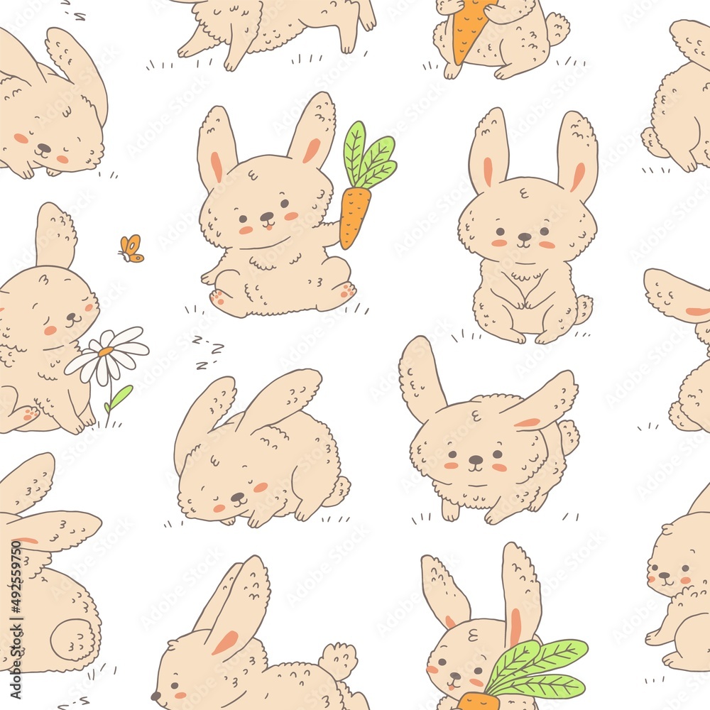 Rabbit with carrot in different poses, spring seamless pattern, cartoon vector illustration. Rabbit with carrot in different poses, spring seamless pattern, cartoon vector illustration.