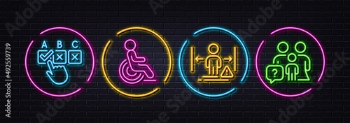 Correct checkbox, Disability and Social distance minimal line icons. Neon laser 3d lights. Family questions icons. For web, application, printing. Answer, Wheelchair user, People protection. Vector