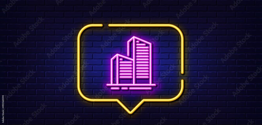 Neon light speech bubble. Skyscraper buildings line icon. City architecture sign. Town symbol. Neon light background. Skyscraper buildings glow line. Brick wall banner. Vector