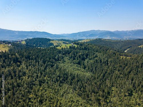 Green mountains of Ukrainian Carpathians in summer. Sunny clear day. Aerial drone view. © Sergey