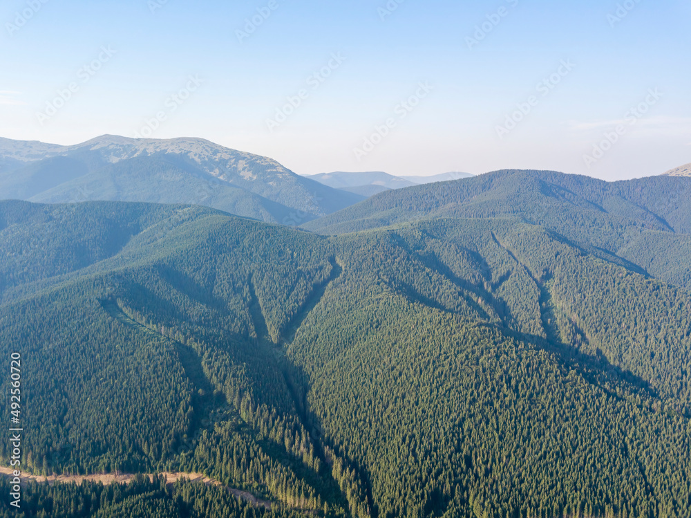 Naklejka premium High mountains of the Ukrainian Carpathians in sunny weather. Aerial drone view.