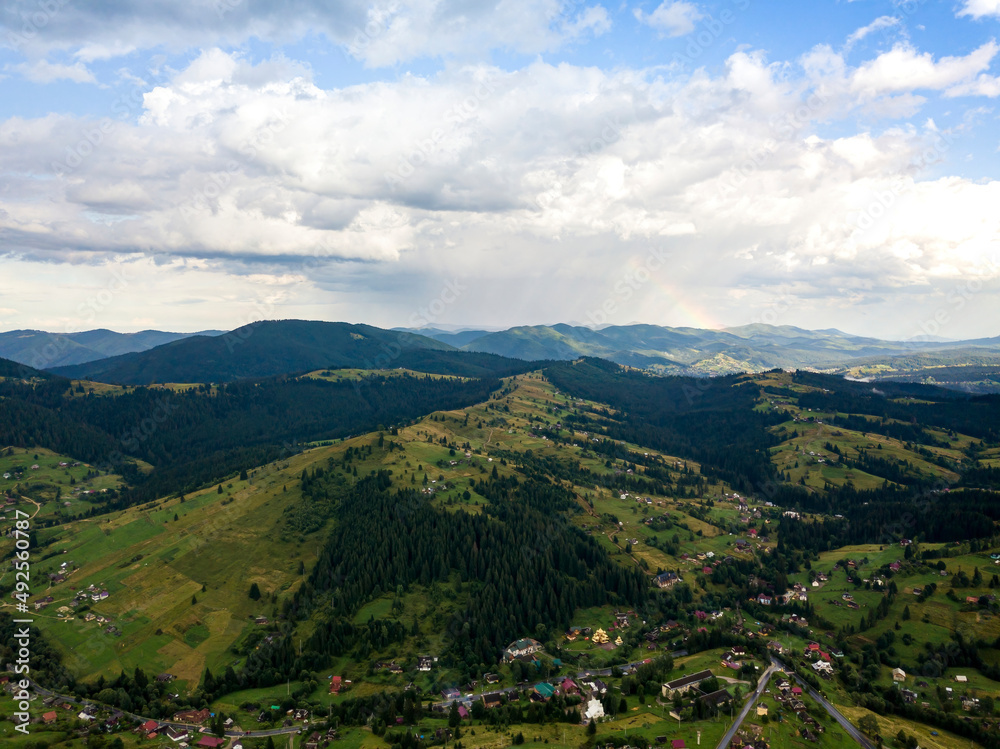 Fototapeta premium High flight in the mountains of the Ukrainian Carpathians. Aerial drone view.