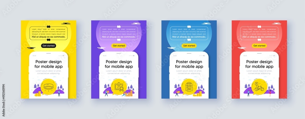 Simple set of Led lamp, Internet documents and Certificate line icons. Poster offer design with phone interface mockup. Include Bike icons. For web, application. Vector Simple set of Led lamp, Internet documents and Certificate line icons. Poster offer design with phone interface mockup. Include Bike icons. For web, application. Vector