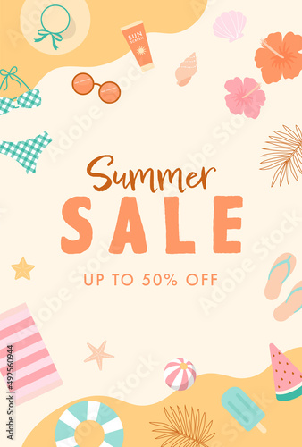 summer vector background with a set of beach icons for banners, cards, flyers, social media wallpapers, etc.