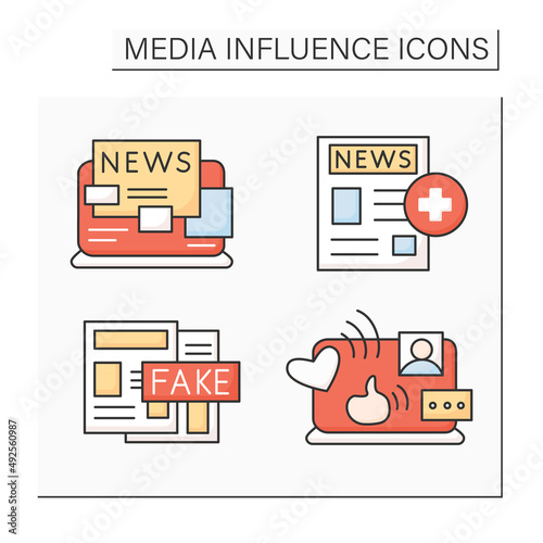 Media influence color icons set. Fake news, newspaper articles, healthcare news and social media on laptop.Isolated vector illustrations