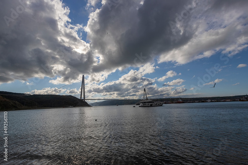 Panoramic view of Yavuz Sultan Selim Bridge in Istanbul and cloudy sky on the background. 3rd suspension bridge on the bosphorus. bridges of Istanbul. economy and development of Turkey.