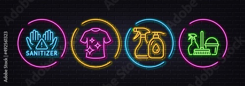Clean t-shirt, Clean hands and Cleaning liquids minimal line icons. Neon laser 3d lights. Household service icons. For web, application, printing. Laundry shirt, Hygiene care, Antiseptic soap. Vector