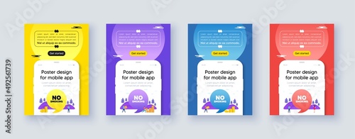 Poster frame with phone interface. No smoking tag. Stop smoke sign. Smoking ban symbol. Cellphone offer with quote bubble. No smoking message. Vector
