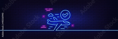 Neon light glow effect. Confirmed flight line icon. Approved charter sign. Verified airplane symbol. 3d line neon glow icon. Brick wall banner. Confirmed flight outline. Vector