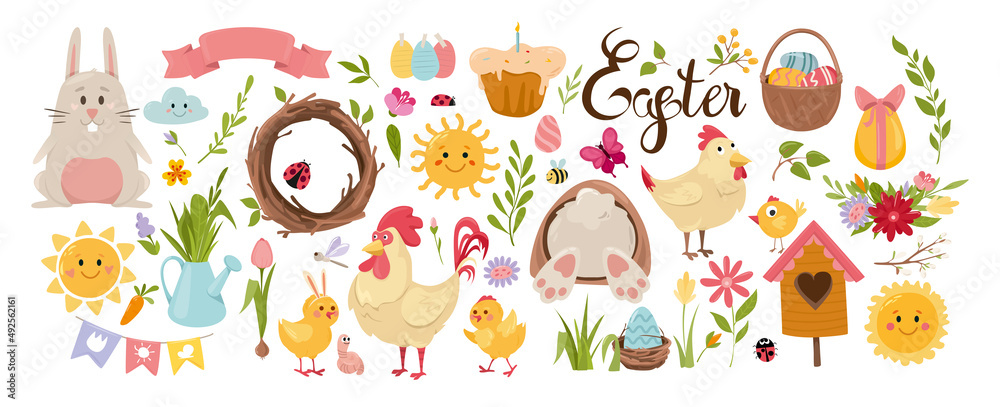 Big Easter and spring collection. Isolated set of decor flowers and animals.Ideal for poster, cards, stickers.